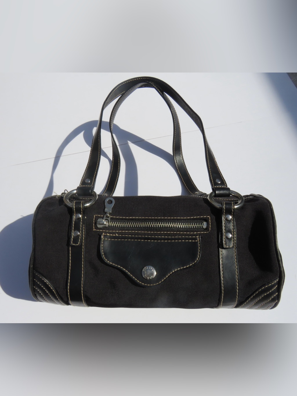Franco Sarto Black Canvas Shoulder Bag With Leather Trim
